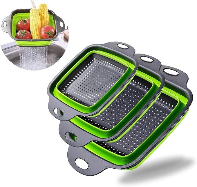 3 Set of Collapsible Colander, KEKIMO Square Silicone Kitchen Strainer, 3 Size Collapsible Strain... | Amazon (US)