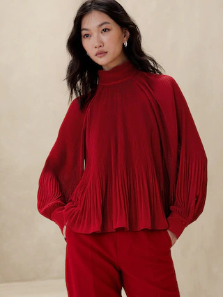 Pleated Volume-Sleeve Blouse | Banana Republic Factory