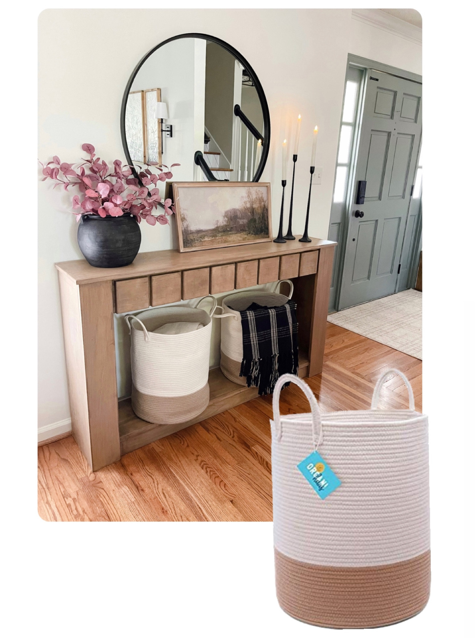 The baskets under my entryway table. 
I have the Tall size in the color: honey/off-white. 

These are also great for “hidden” toy storage in the Living room, kiddos room or playroom, as a laundry basket or to keep your extra throw blankets or pillows in. 

#LTKhome #LTKstyletip #LTKFind