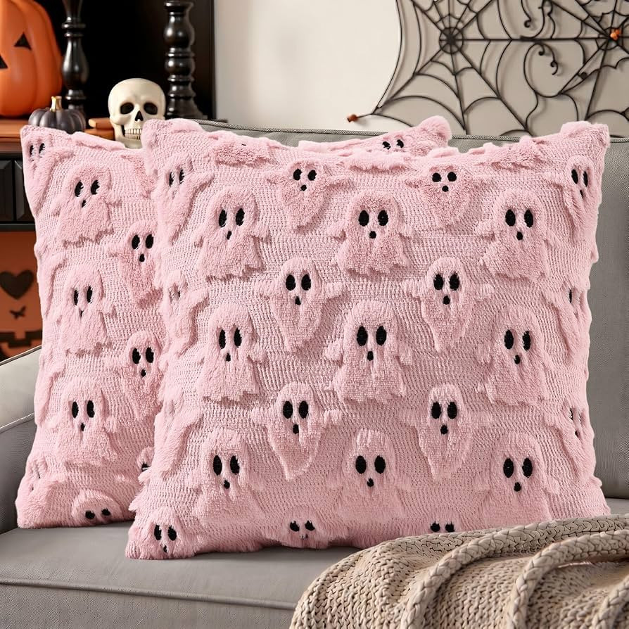 decorUhome Fall Halloween Ghost Throw Pillow Covers 18x18 Set of 2 Pink | Amazon (US)