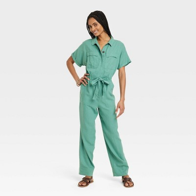Women's Short Sleeve Linen Boilersuit - Universal Thread™ Green 0 | Target