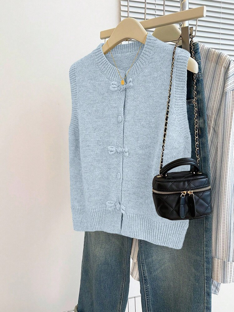 Franclia Casual Loose Crew Neck Sleeveless Gray Knitted Top With Chinese-Style Frog Buttons, For Women, Spring/Autumn Fashion Clothes Casual Clothes Blue Sweater Blue Cardigan | SHEIN