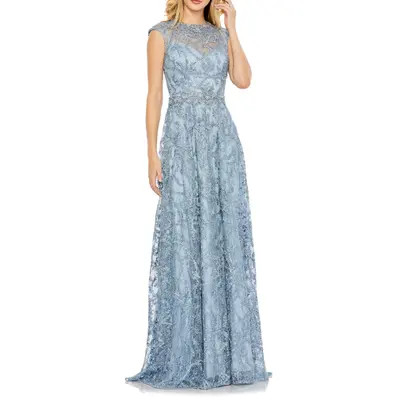 Mac Duggal Embroidered Cap Sleeve A Line Gown in Slate Blue at Nordstrom, Size 6 | Nordstrom
