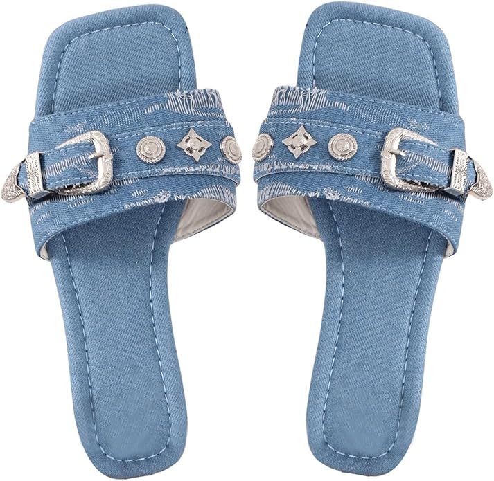GORGLITTER Women's Denim Flat Sandals Ripped Jean Square Open Toe Fashion Slide On Sandals | Amazon (US)