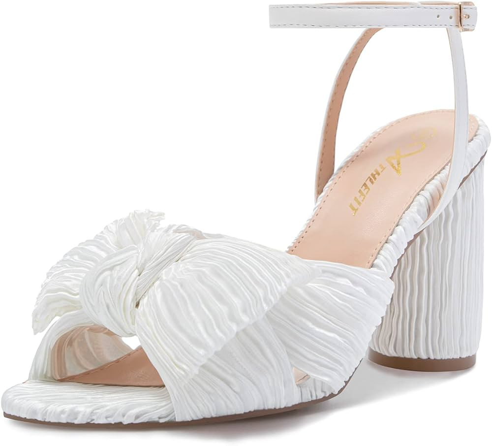 Athlefit Women's Open Toe Chunky Heels Pleated Bow Ankle Strap Heeled Sandals Wedding Bridal Shoe... | Amazon (US)