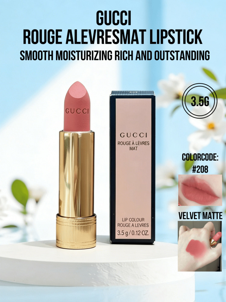 Gucci Rouge À Lèvres Mat Lipstick #208 (Full-Size 3.5g, Mini-Sized 1.5g) – Velvet Matte Finish, Smooth Creamy Texture, Rich Pigment, Long Lasting & Non-Smudge, Easy To Apply For Makeup Beginners, Luxury Gold Tube – Perfect Gift For Her, Birthday, Valentine's Day, Christmas, Anniversary, Women & Beauty Lovers, Perfect For Date Night & Daily Wear | SHEIN