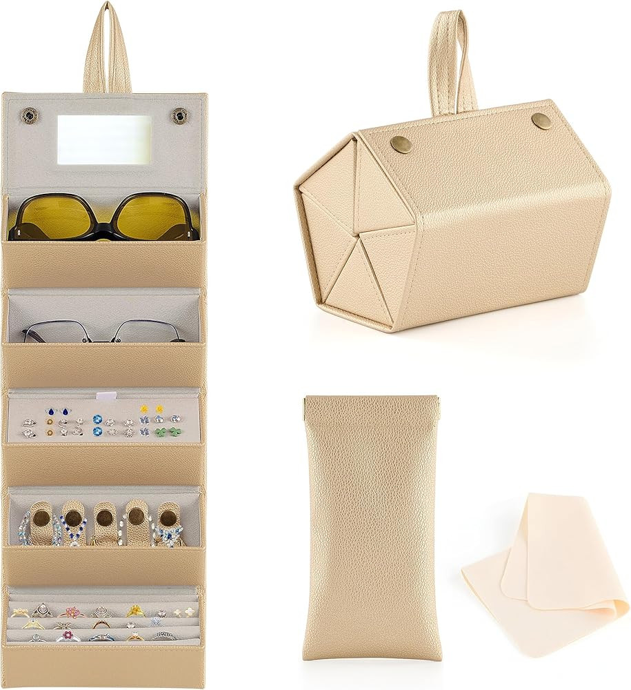 CO-Z 5-Slot Sunglasses Organizer, Folding Glasses Jewelry Storage Case with Mirror, Travel Sungla... | Amazon (US)