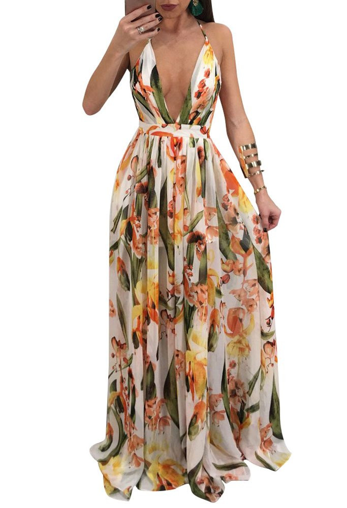 Remelon Womens Sexy Spaghetti Strap Deep V Neck Floral Boho Criss Cross Backless Chiffon Beach Pa... | Amazon (US)