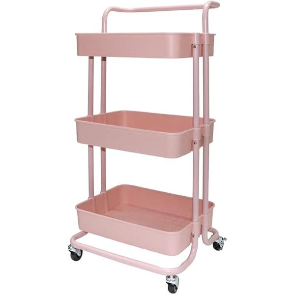 AGTEK Makeup Cart, Movable Rolling Organizer Cart, 3 Tier Metal Utility Cart, Pink | Amazon (US)