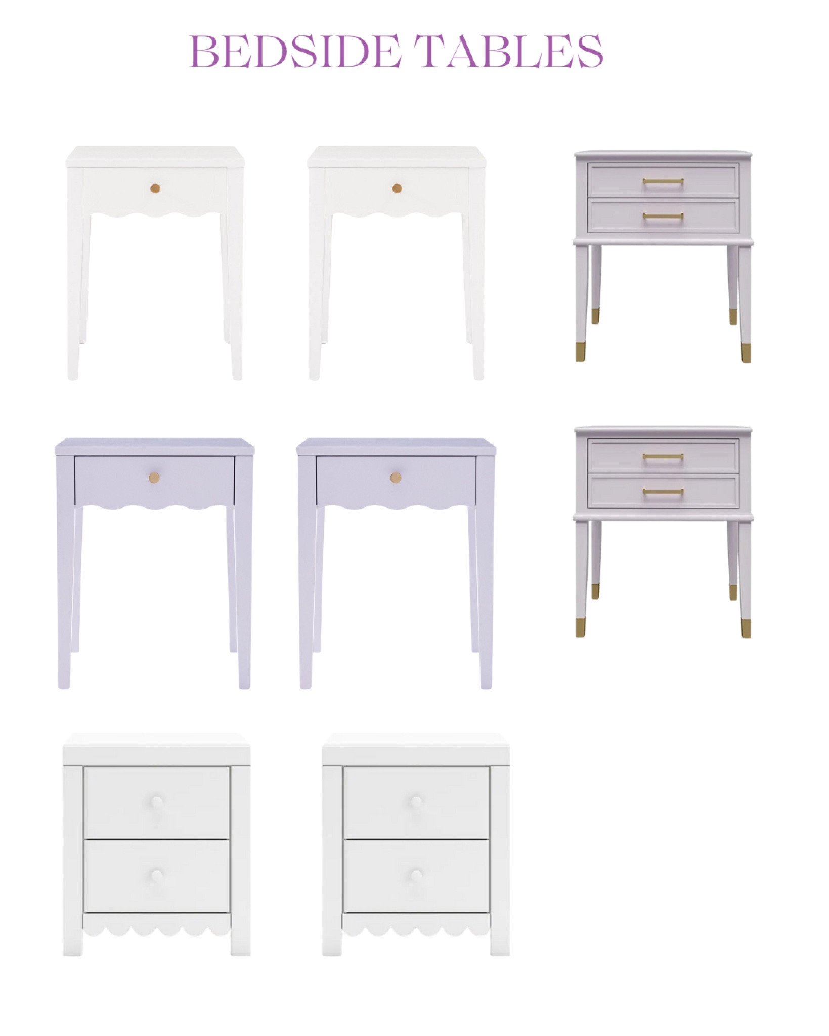 Scalloped and lavender bedside tables 
Nightstands 