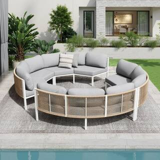 4-Piece 8 Seats Curved Aluminum Outdoor Rattan Sectional Set with Light Gray Cushion | The Home Depot