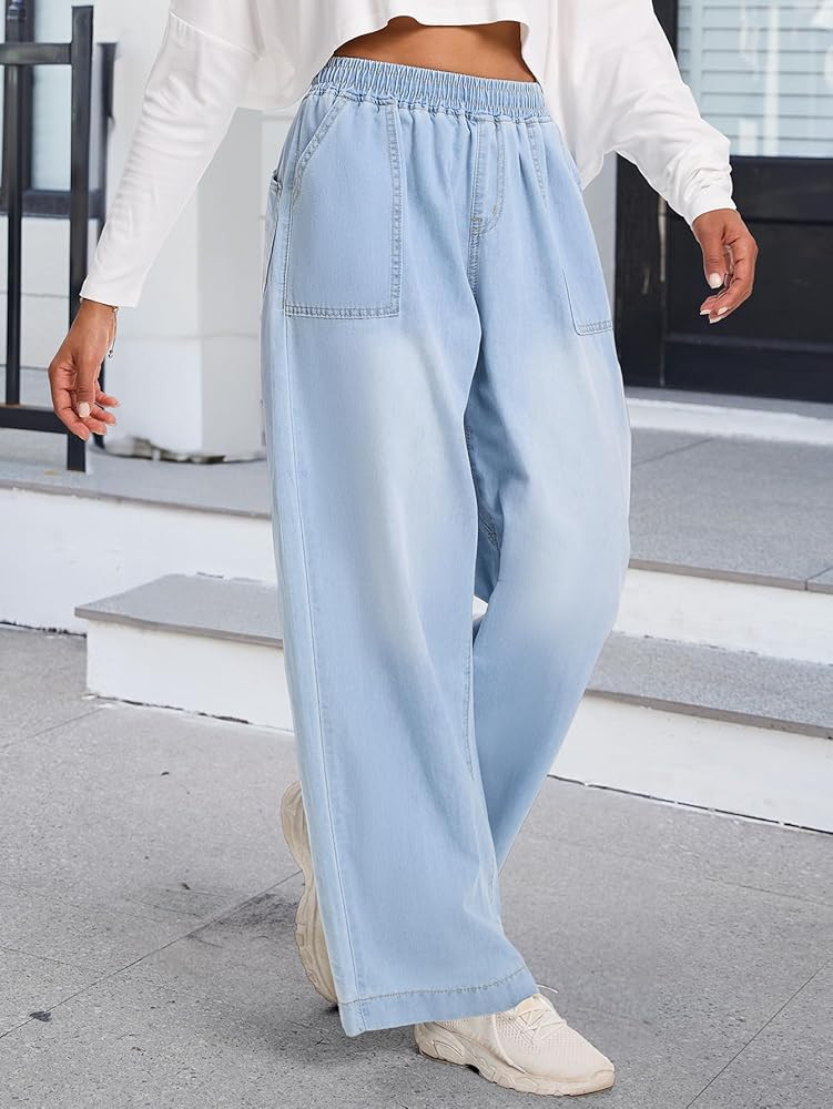 Wide Leg Baggy Jeans, Elastic Waist Jeans for Women Trendy Loose Pants | Amazon (US)