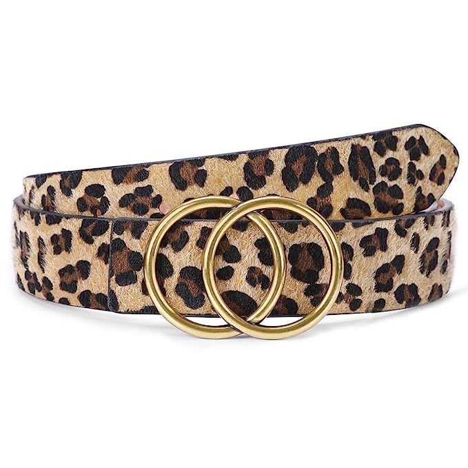 Women's Leopard Print Leather Belt for Jeans Dresses Fashion Waist Belt with Gold Double Ring Buc... | Amazon (US)