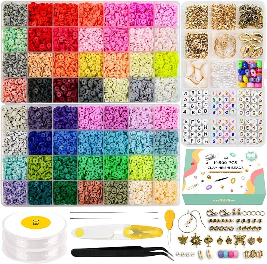 Amazon.com: 14600pcs Clay Beads for Bracelets Making Kit, 56 Colors Polymer Heishi Flat Clay Bead... | Amazon (US)