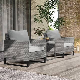3-Piece Wicker Rectangular Outdoor Bistro Set with 4 Soft Gray Cushions | The Home Depot