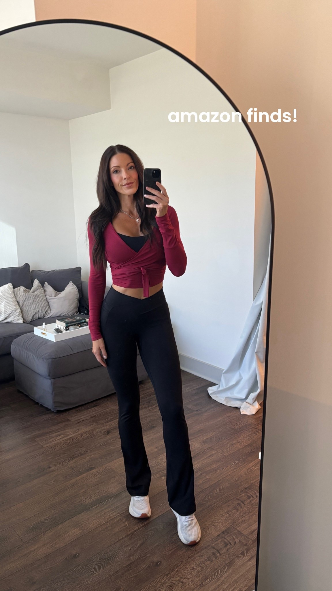 found it all on amazon:

ballet inspired wrap top 
y back sports bra
long crossover waist mini flares 34” inseam





