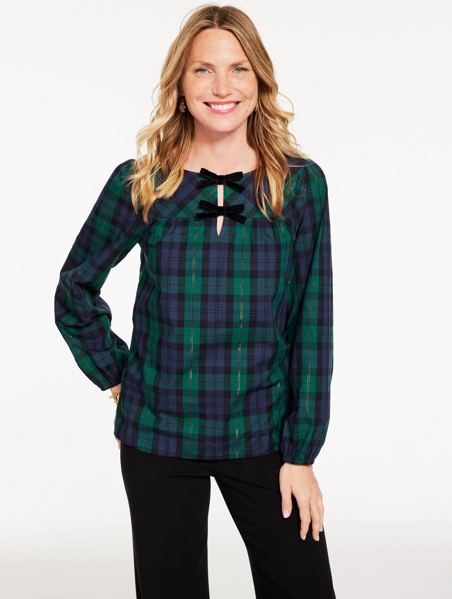 Metallic Bow Top - Merriment Tartan | Talbots