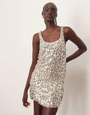 ARRANGE textural embellished scoop neck loose fit mini dress in silver | ASOS (Global)