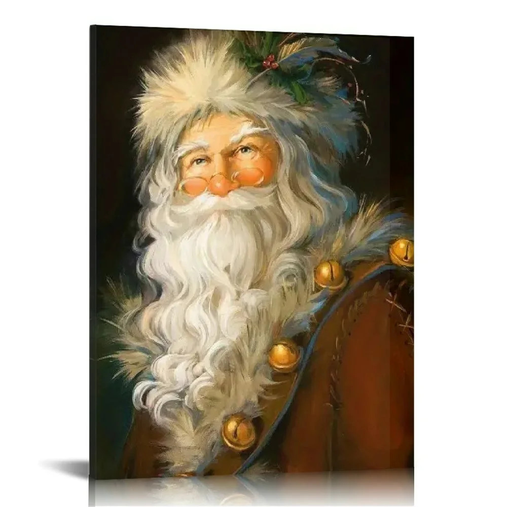 Vintage Santa Portrait Canvas Wall Art, Classic Christmas Painting, Pine Wood Frame, Artwork Canv... | Walmart (US)