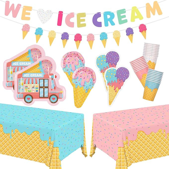 Ice Cream Party Supplies Kit for 24: Ultimate Bundle with Vibrant Paper Plates, Napkins, Cups, Ta... | Amazon (US)