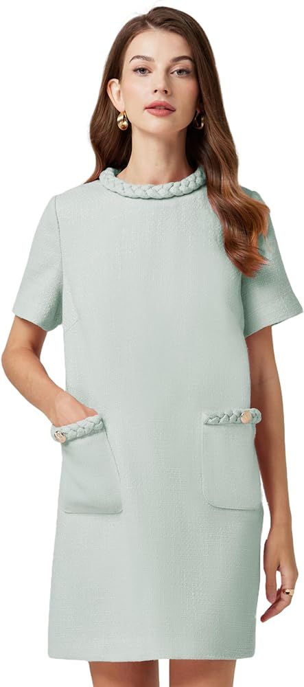 Womens Tweed Jackie Dress Crew Neck Short Sleeve Elegant A-Line Bodycon Mini Dress with Pockets ... | Amazon (US)
