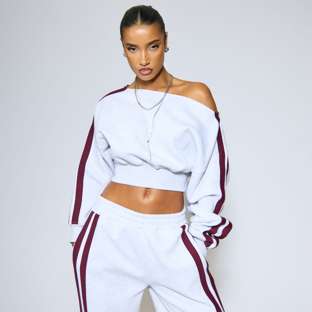 Off The Shoulder Long Sleeve Side Stripe Detail Sweatshirt In Light Grey Marl | EGO (UK)