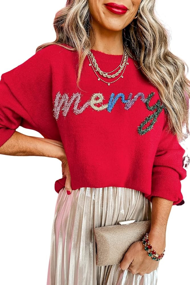Urchics Womens Fiery Red Tinsel Merry Letter Drop Shoulder Baggy Sweater Pullover Sweater Tops | Amazon (US)
