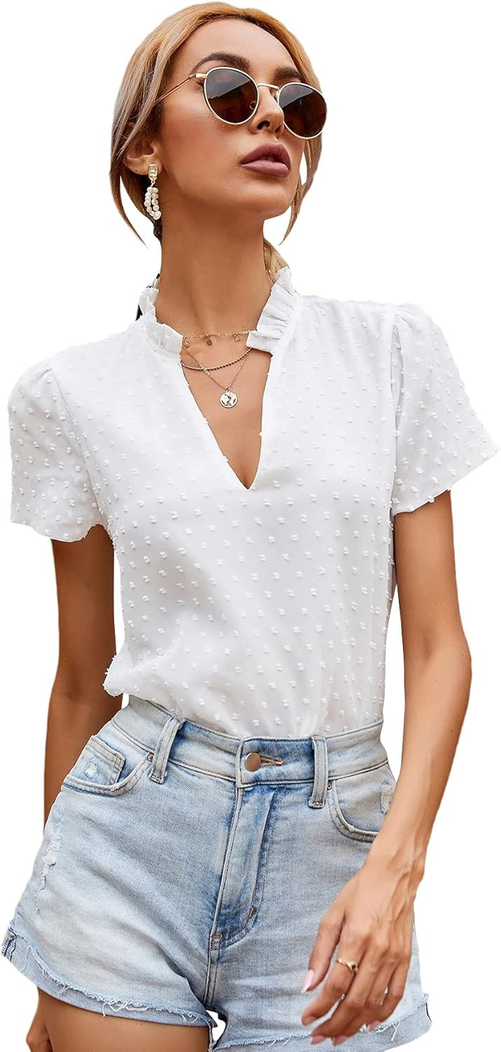 Milumia Women's Casual Swiss Dots V Neck Short Sleeve Blouse Frill Trim Work Top | Amazon (US)