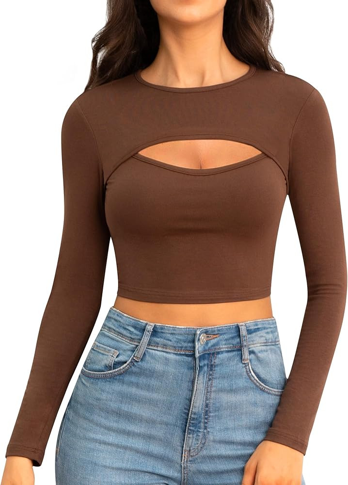 CLOZOZ Cut Out Tops for Women Sexy Crewneck Crop Top Slim Fitted T-Shirts Going Out Tops | Amazon (US)