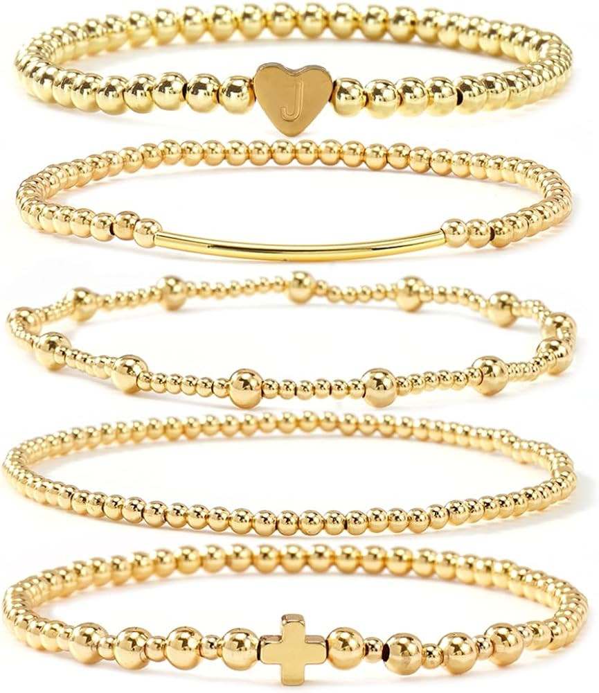 Dainty Cross Clover Gold Beaded Pearl Bracelet Stack for Women,Handmade Boho Gold Plated Beads St... | Amazon (US)