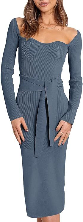 Prinbara Women’s Sweater Dress Long Sleeve Slim Fit Sweetheart Neck Knit Tie Waist 2023 Fall Mi... | Amazon (US)