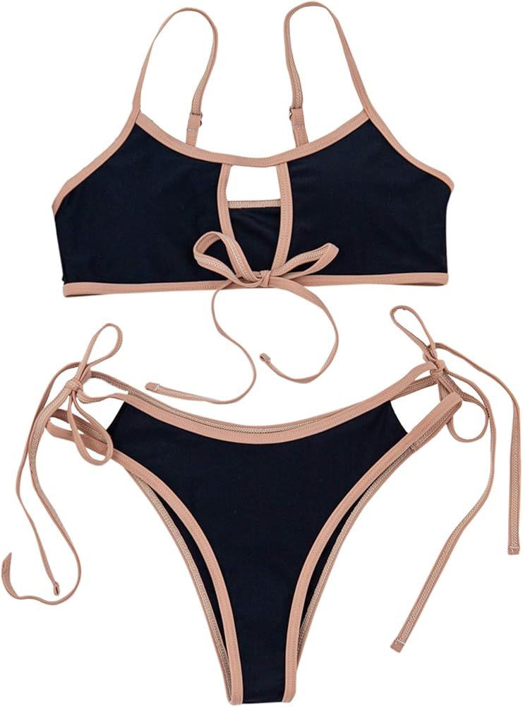 Amazon.com: SOLY HUX Women's Cut Out Tie Side Bikini Bathing Suit 2 Piece Swimsuits Black S: Clot... | Amazon (US)