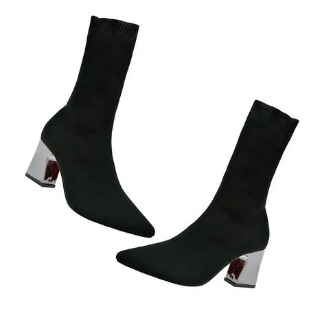 Autumn Winter Knitted Sock Boots Chunky Heels Shoes Sock Boots Winter Shoes Pointed Toe Heels High Heel Shoes | Walmart (US)