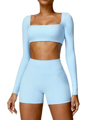 ABOCIW Womens Square Neck Long Sleeve Crop Top Workout Athletic Yoga Basic Tee Slim Fitted Gym Shirts with Built in Bra Low Medium Impact Light Blue X-Large | Amazon (US)