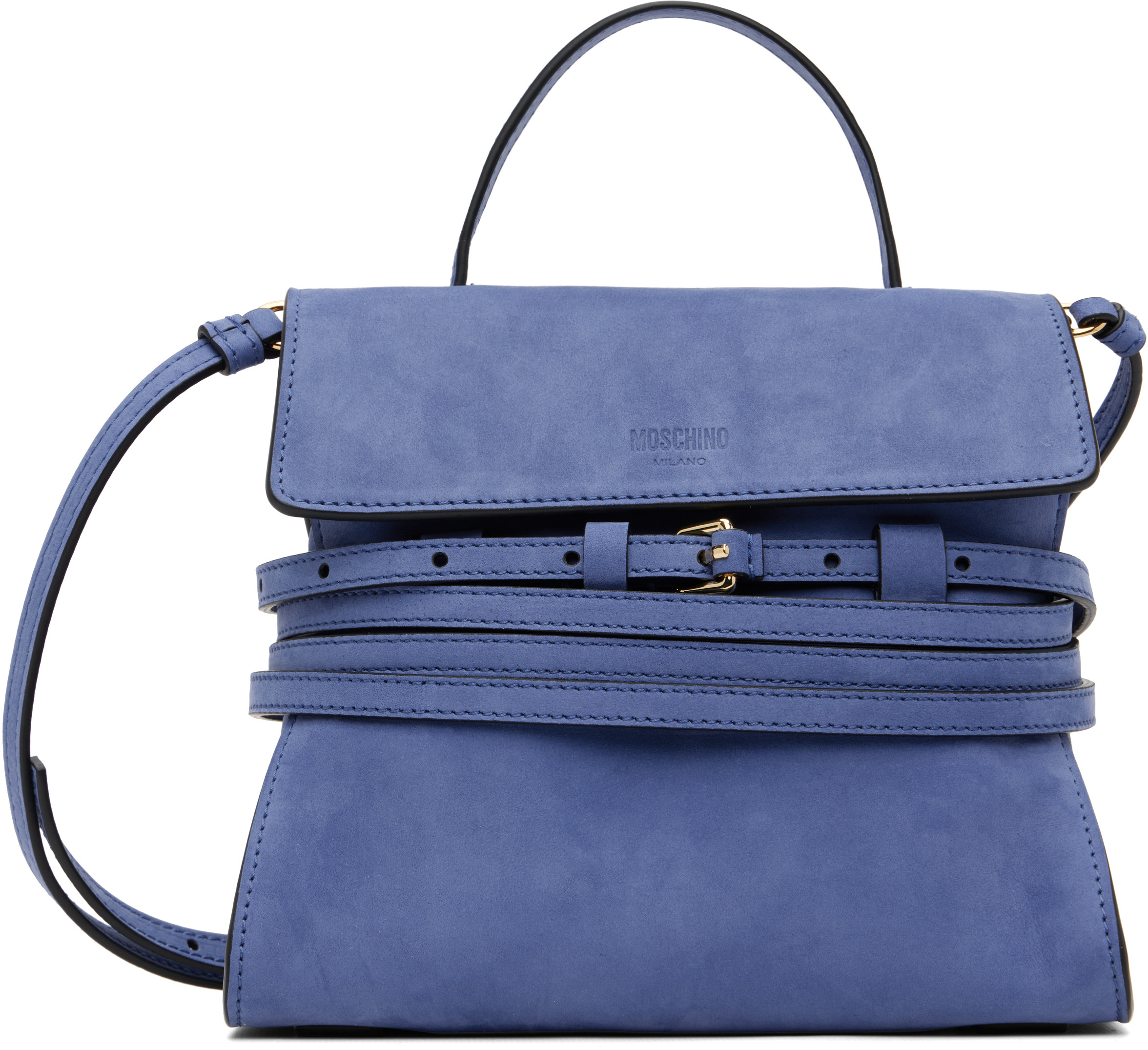 Moschino Navy 'Tie Me' Suede Small Bag | SSENSE