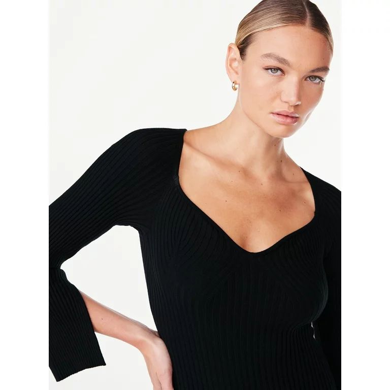 Scoop Women's Ribbed Bodysuit with Sweetheart Neck and Long Sleeves, Sizes XS-XXL | Walmart (US)