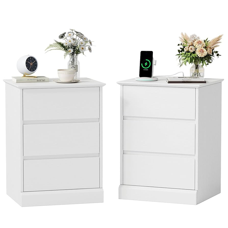 2 pcs White Nightstand with 3 Drawers, Sofa Side Table with Charging Station, Wooden Bedside Tabl... | Amazon (US)
