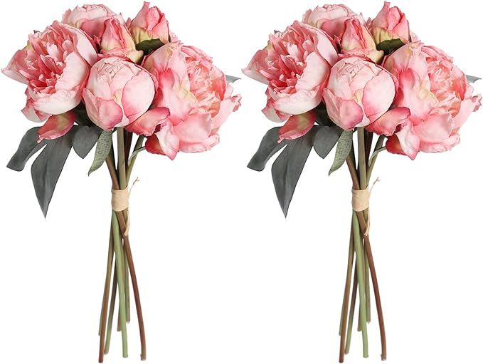 Pink Peonies Artificial Flowers 2 Bouquets Vintage Fake Peonies 14pcs Heads Silk Flowers with Ste... | Amazon (US)