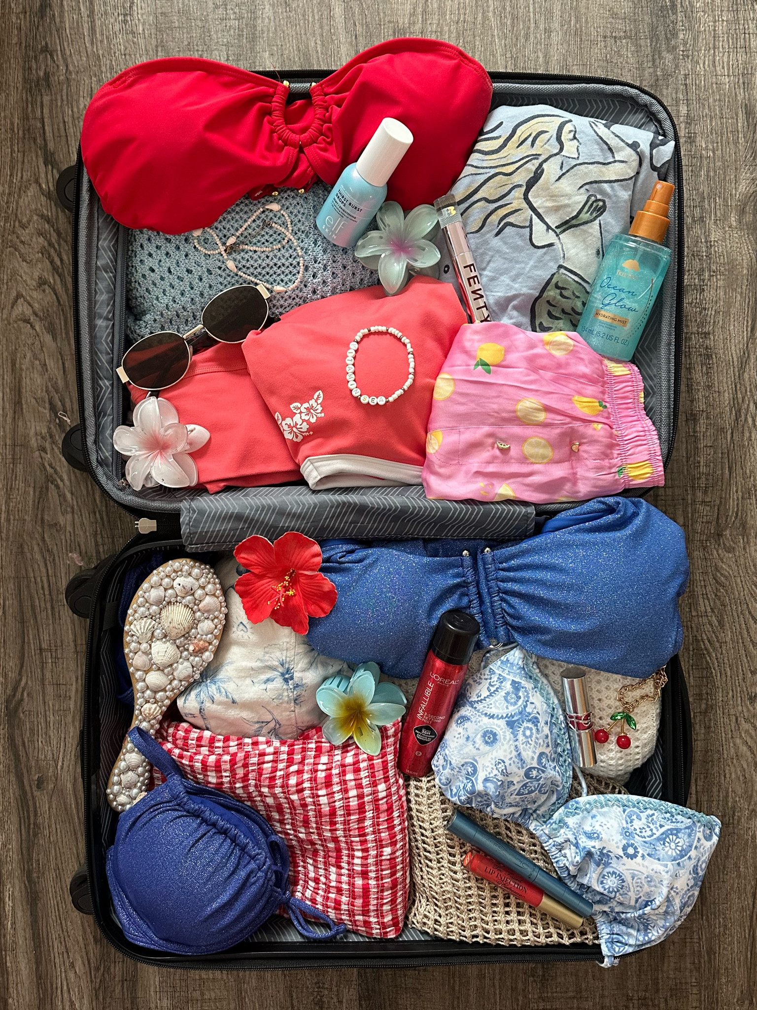 POV: you’re going to the Jersey shore for 4th of July weekend! 🎇🇺🇸

- red one piece ring linked cutout swimsuit 
- sparkly blue one piece swim suit
- blue and white beaded bikini 👙
- crochet swimsuit coverup 
- gingham red romper sundress 
- tropical flower claw clip hair accessories 
- seashell jewelry -seashell necklace and earrings 🐚
- Hawaiian floral matching athletic set 🌺
- pink lemonade silk boxer shorts 🍋
- mermaid off shoulder tee shirt 🧜🏼‍♀️
- coastal granddaughter seashell sundress 
- Loreal finishing spray to make makeup last all day 
- elf hydrating drops 💦
- red fenty gloss 💋
- telescopic mascara
-seashell hairbrush 
- retro sunglasses 🕶️

#LTKSeasonal #LTKtravel #LTKswim