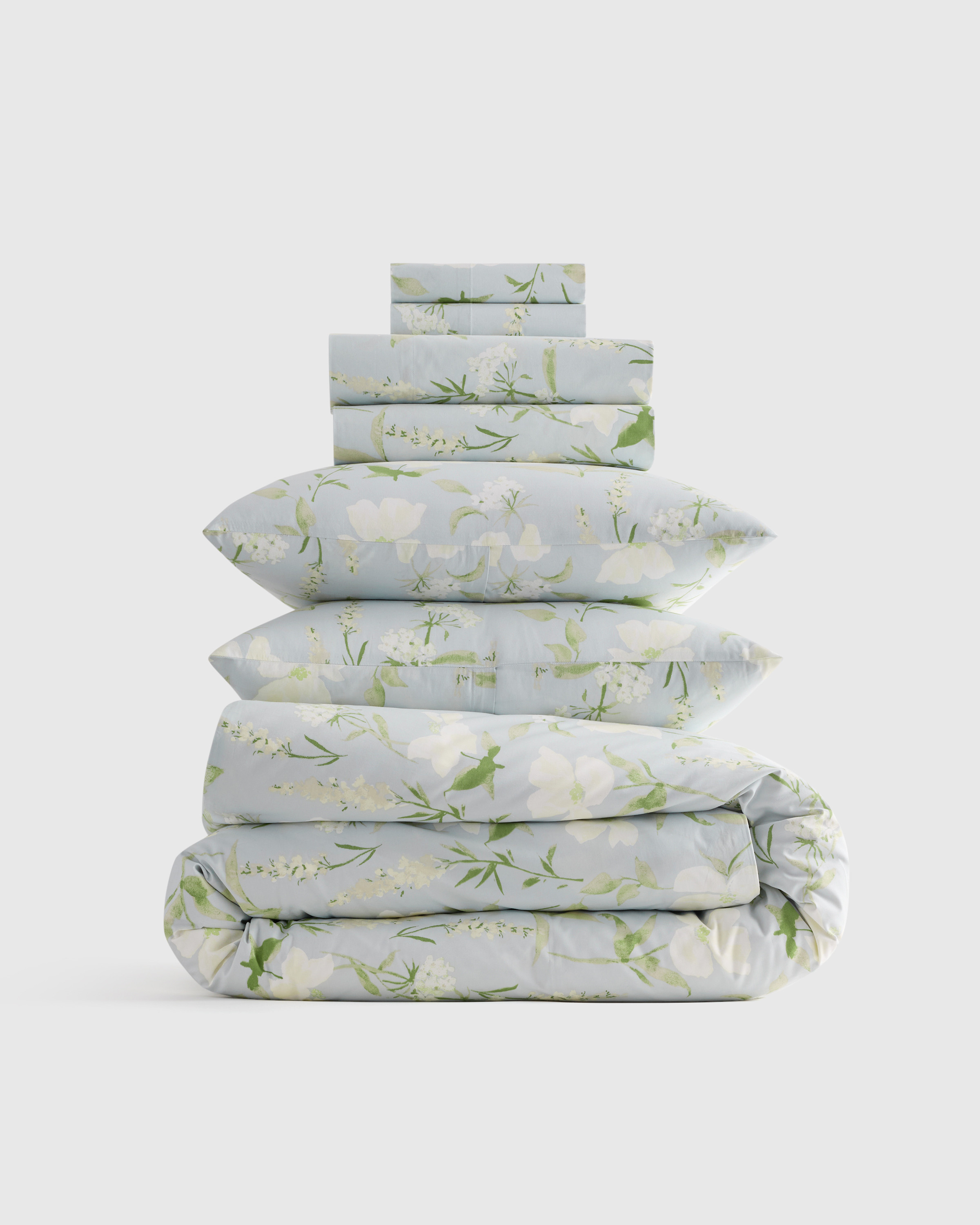 Quince | Classic Organic Percale Floral Deluxe Bedding Bundle in Blue Garden, Size Queen, Percale Cotton | Quince