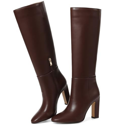 Attiposh Brown Knee High Boots for Women Round Toe High Heel Block Heeled Tall Boots Side Zipper Long Boots Wide Calf Comfortable Fashion Dress Boot for Winter Fall Summer Spring Leather Boots | Amazon (US)