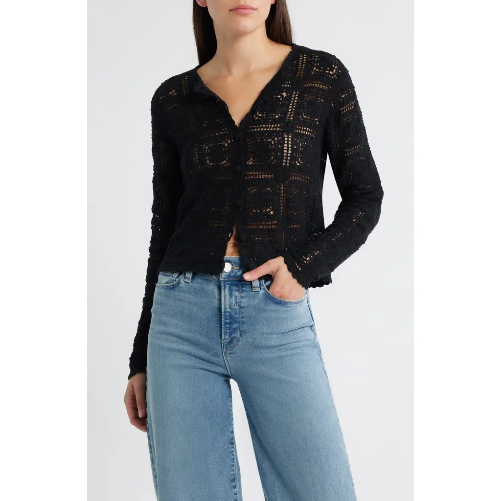 FRAME Cotton Crochet Cardigan in Black at Nordstrom, Size X-Small | Nordstrom