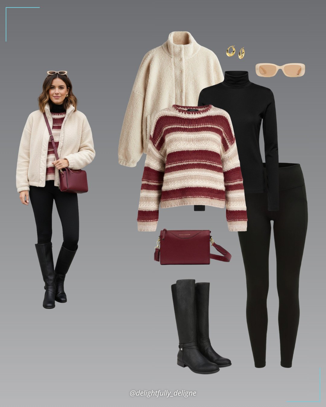 Cherry Neutral Layers ❤️🤍Light beige teddy fleece jacket, black soft luxe turtleneck top, red and beige striped oversized sweater, high-rise thermal tights, cherry crossbody bag, riding boots, retro rectangular sunglasses & rare hoop earrings. 

 #LTKgrwm #LTKootd #LTKOver40