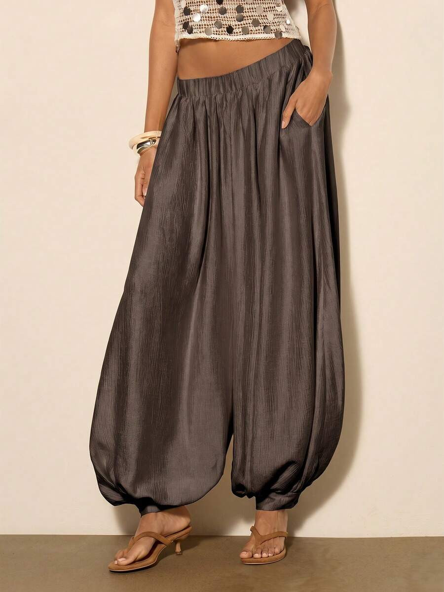 COSMINA Women's Solid Color Pocket Pleated Casual Daily Lantern Pants | SHEIN