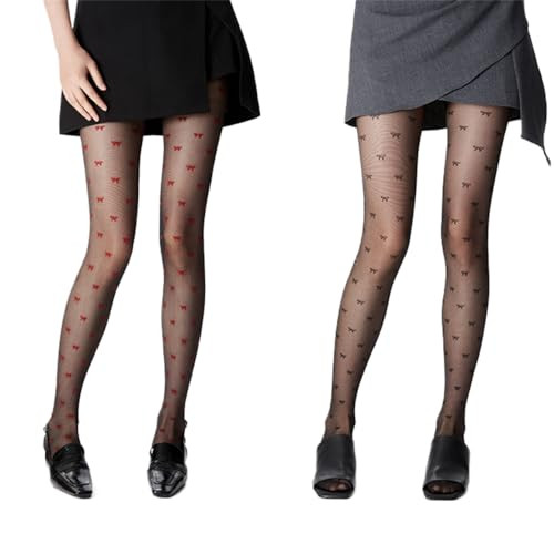 Premium Cute Kawaii Bow Tights for Women with Designs Patterned Pantyhose Sheer Bow Stockings (One Size,Black Tights Black Red Bow) | Amazon (US)