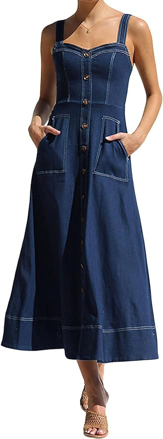Women's Summer Adjustable Strap Sleeveless Midi Denim Dress Button Down A-Line Swing Flowy Jean D... | Amazon (US)