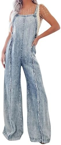 CHARTOU Women Loose Fit Denim Jumpsuit Adjustable Straps Wide Leg Long Pants Frayed Jean Overalls | Amazon (US)
