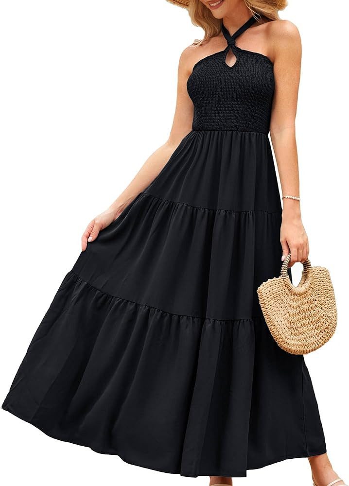 GRACE KARIN Women's Halter Neck Dresses 2024 Sleeveless Smocked Backless Cut Out Flowy Maxi Dress | Amazon (US)