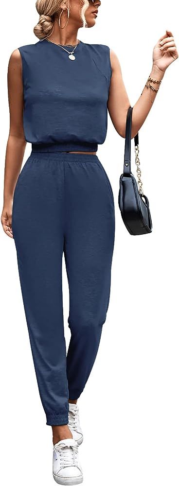 Gihuo Women 2 Piece Outfit Sets Sleeveless Crop Tops Tracksuit Long Jogger Pants with Pockets Sweats | Amazon (US)