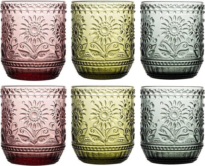 SoulTimes Glass Cups Vintage Glassware Drinking Glass Set of 4, Embossed Floral Decorative Glasse... | Amazon (US)